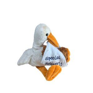 Vintage Plush Stork Stuffed Animal Holding "Special Delivery" Blanket